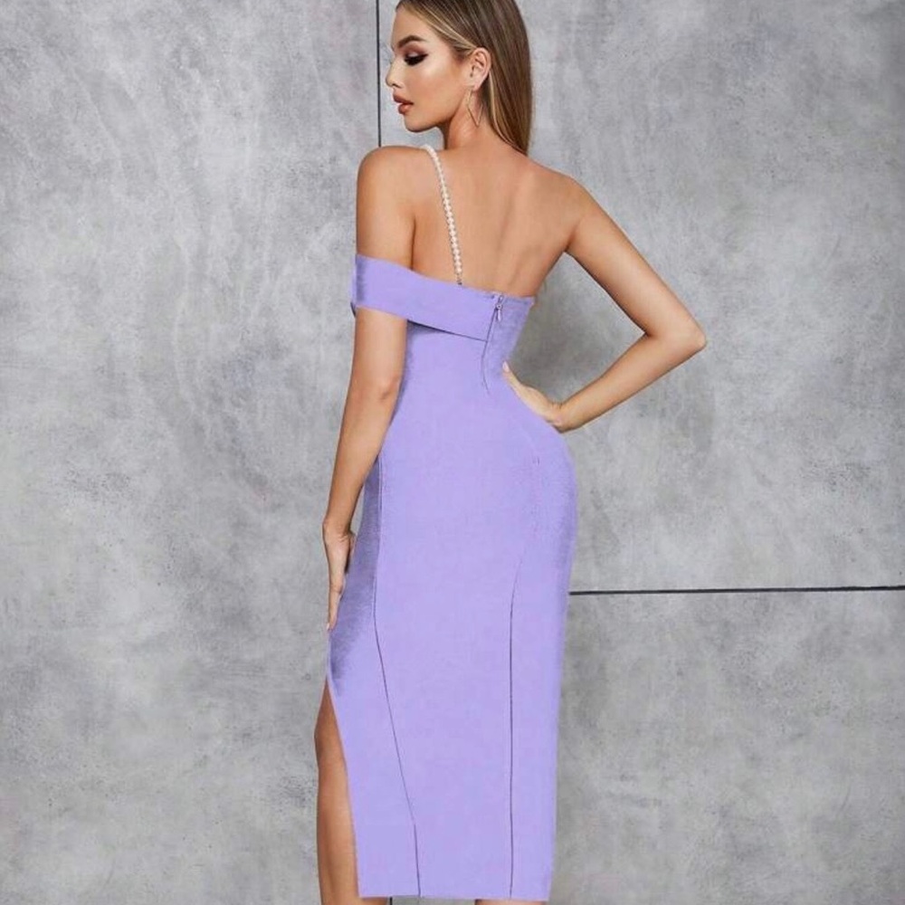 SHEIN Purple Off the Shoulder Pearl Bodycon Stretchy Midi Dress Women’s Medium - Picture 3 of 9